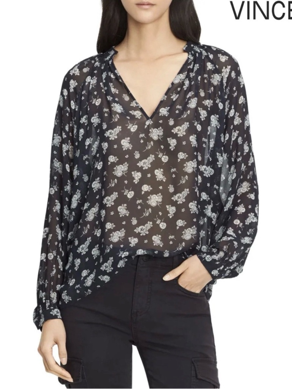 Vince Black Sheer Floral V-Neck Blouse with White Print